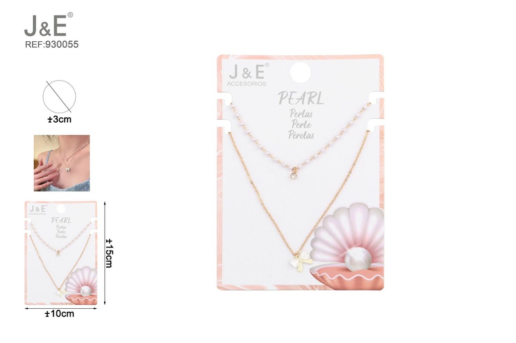 [6u/cx]Collar doble con perlas y cadena con lazo